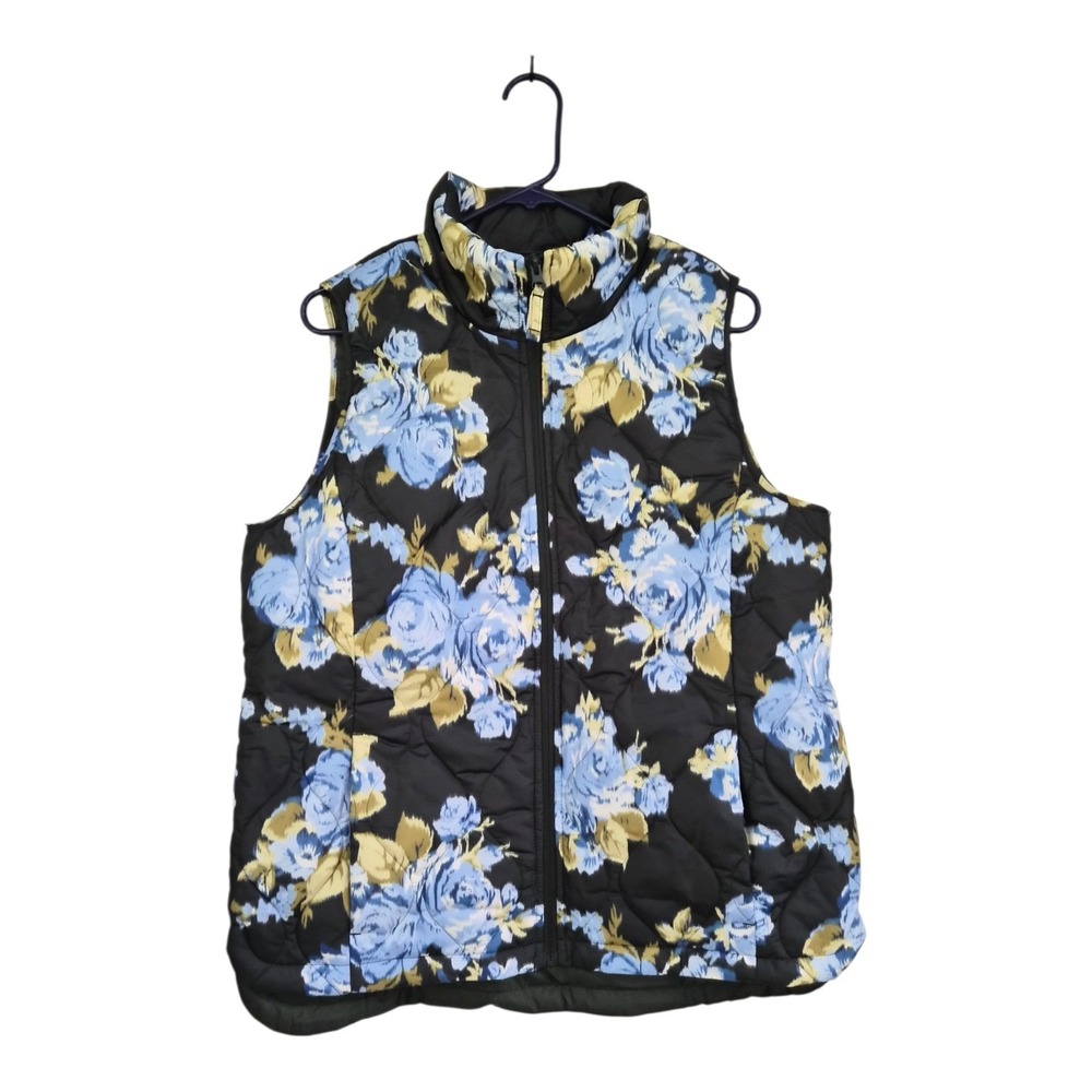 Lands' End Womens M Floral Quilted Puffer Vest Black Blue Roses Full Zip Nwot